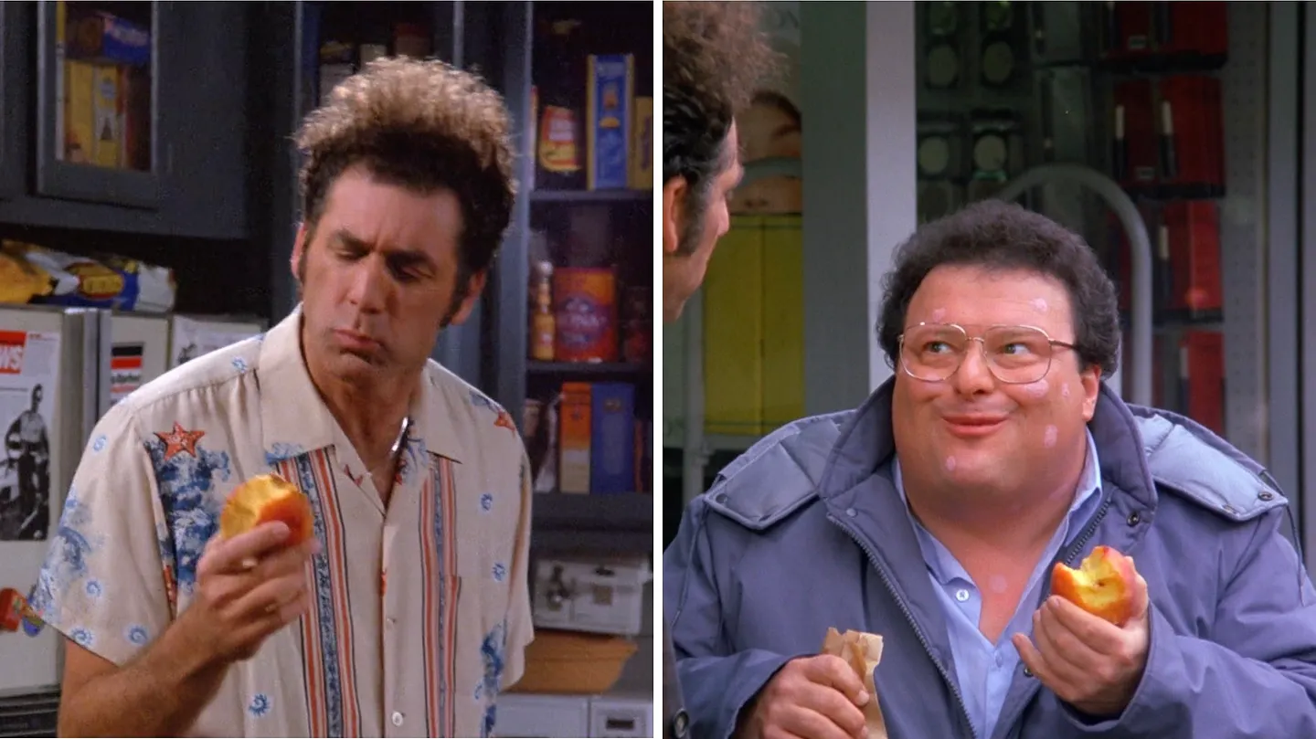 Kramer and Newman eating peaches.