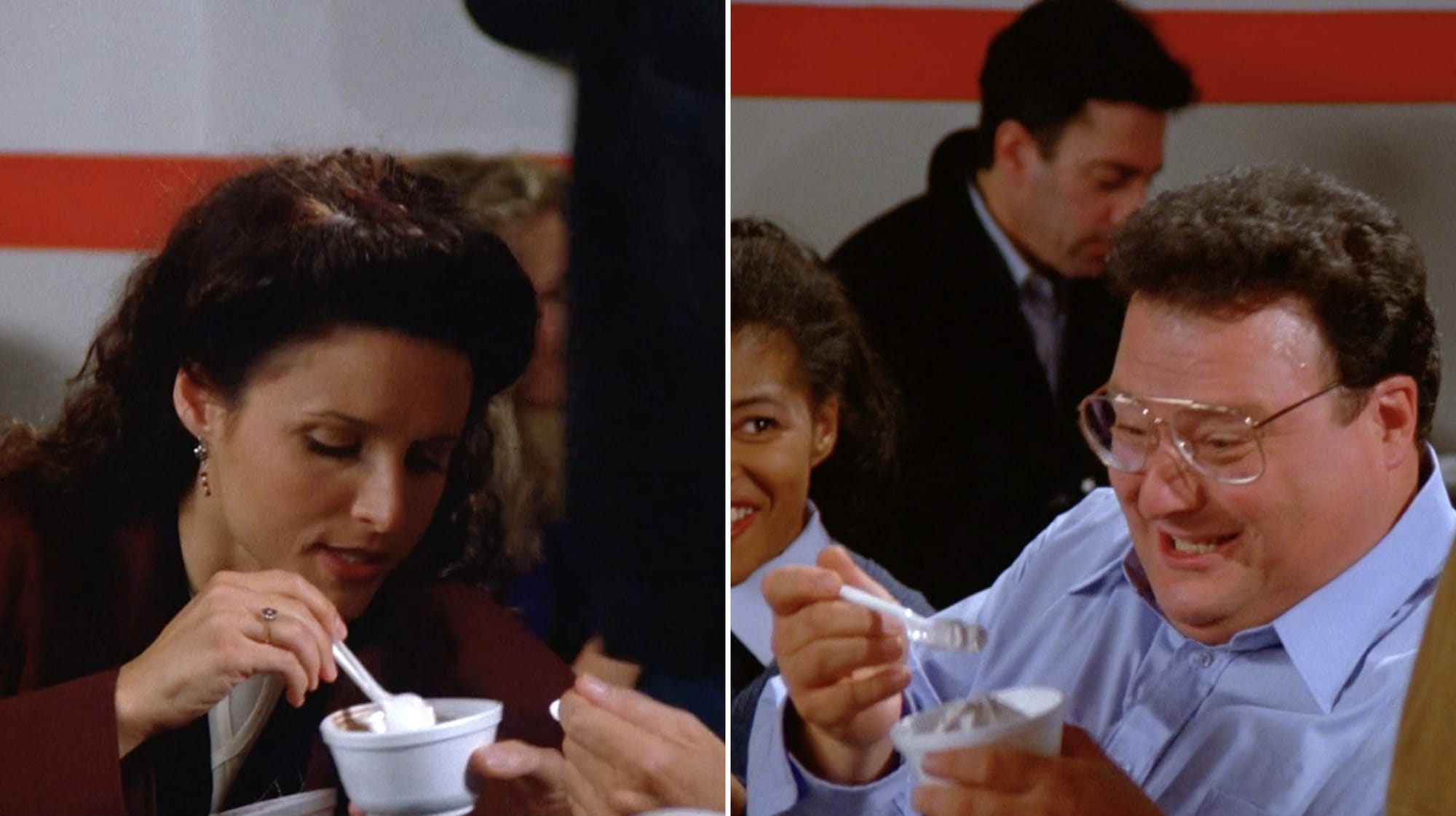Elaine and Newman eating yogurt.